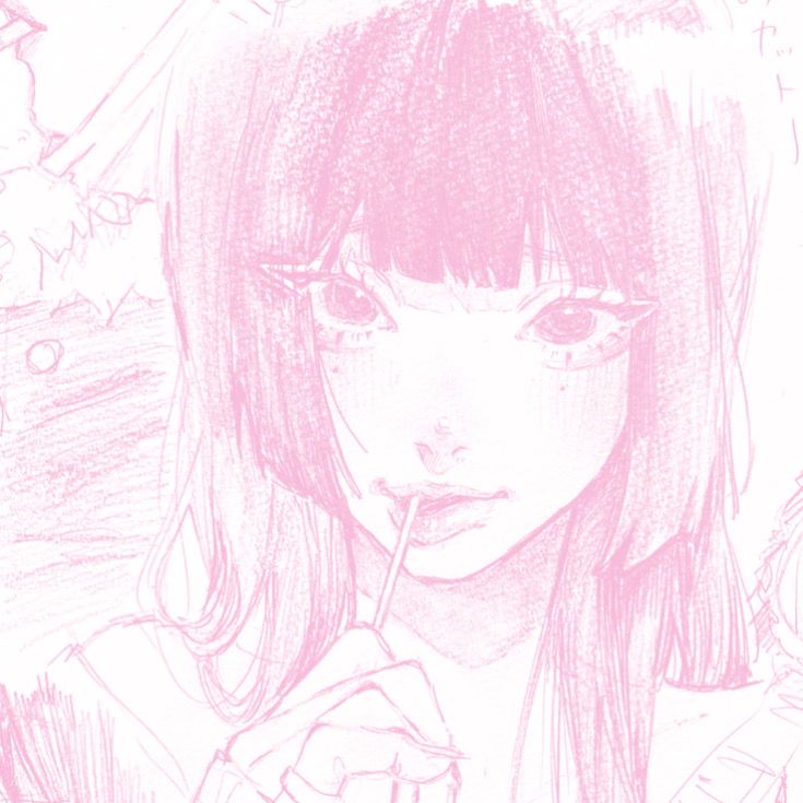 pink manga drawing of a girl with straight hair drinking out of an iced drink using a straw! i use this as my profile pic hehe