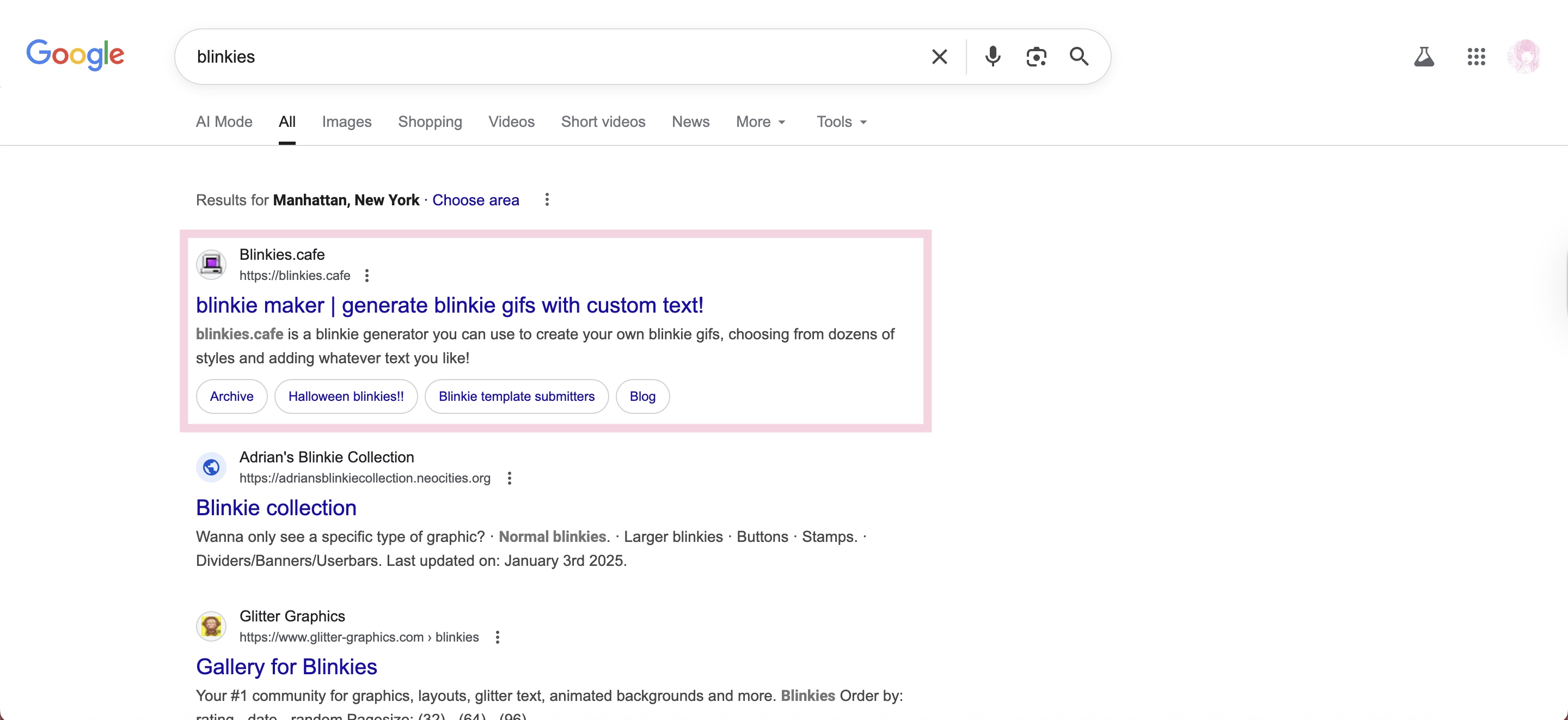 the result of googling blinkies. boxed in pink, highlights
                                the website, blinkies.cafe. you should click on that website.