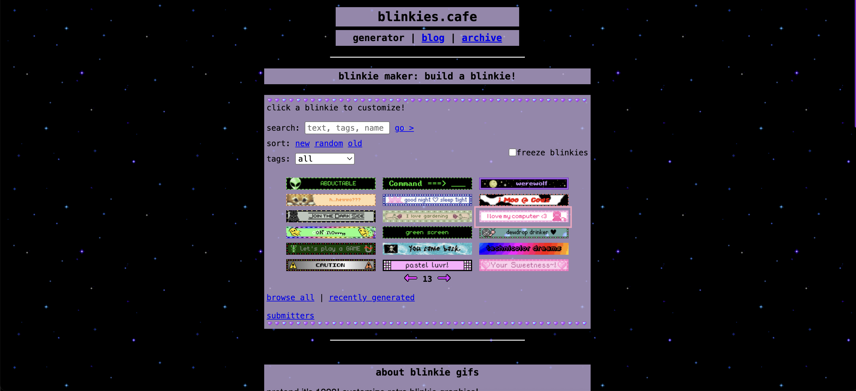 browsing through all the blinkies until i find one that i like (it is boxed in pink).